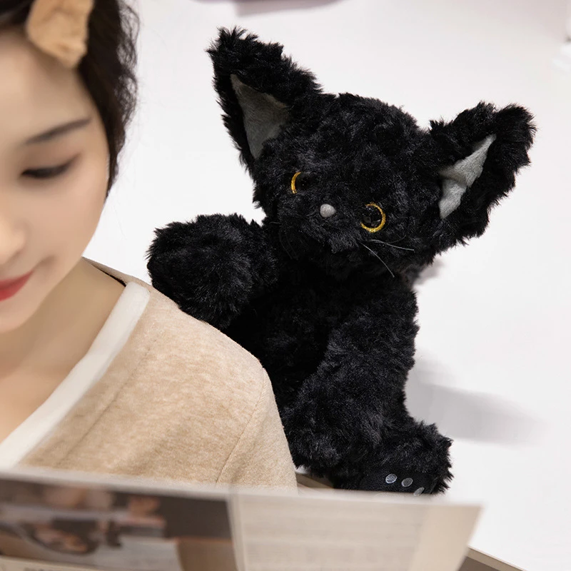 Jouet en peluche de chat noir bouclé allemand de dessin animé, oreiller de jet de beurre de chaton mignon, chambre à coucher, salon, cadeau de petite amie, cadeaux d'enfant