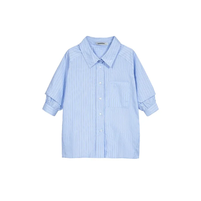 Dames College-Stijl Sweet Shirt Westerse Stijl Gestreept Casual Shirt Met Korte Mouwen, Losse En Zachte Stijl Revers Top Trendy Slank