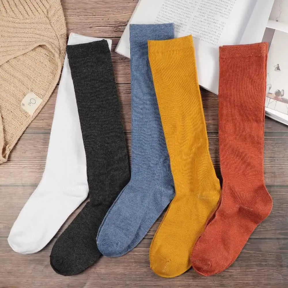Women Cotton Knee High Socks Solid Color JK Student Fashion Casual Calf Sock Female Girl Sexy Long Socks Black White