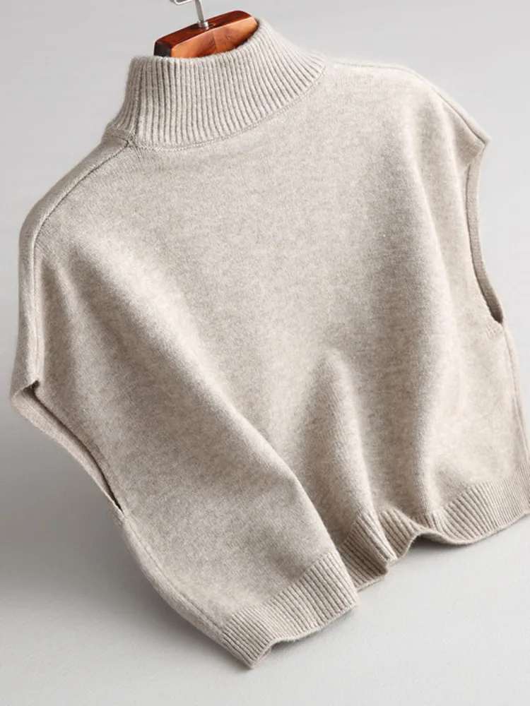 WHTREND 여성용 하이 칼라 니트 스웨터 반팔 배트윙 스타일 루즈 캐주얼 풀오버 가을 겨울 신상품 WH1258