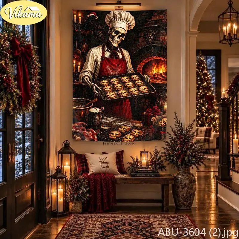 VIKAMA Macabre Santa Skeleton Ornate Golden Key Castle Wall Tapestry Noir Victorian Baroque Festive Room Home Decor Cute Kawaii