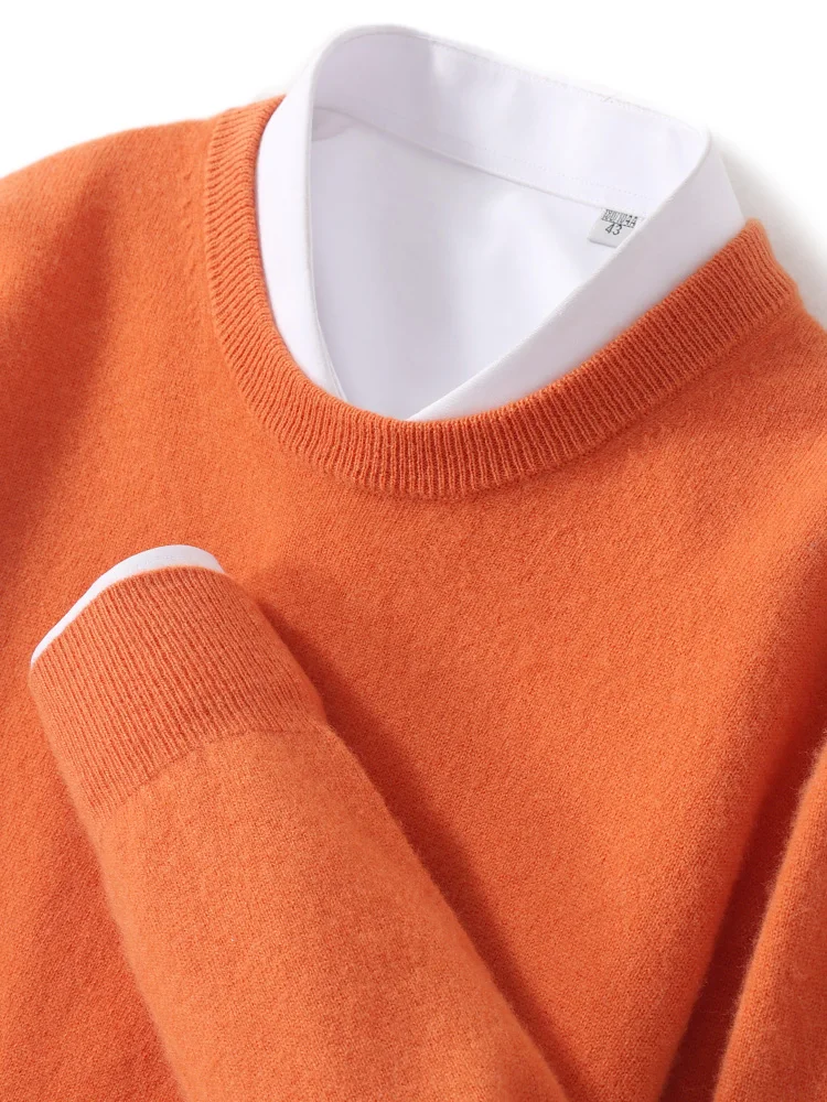 24 autumn and winter new men\'s 100% pure sweater round neck knitted solid color cashmere pullover fashion business casual top