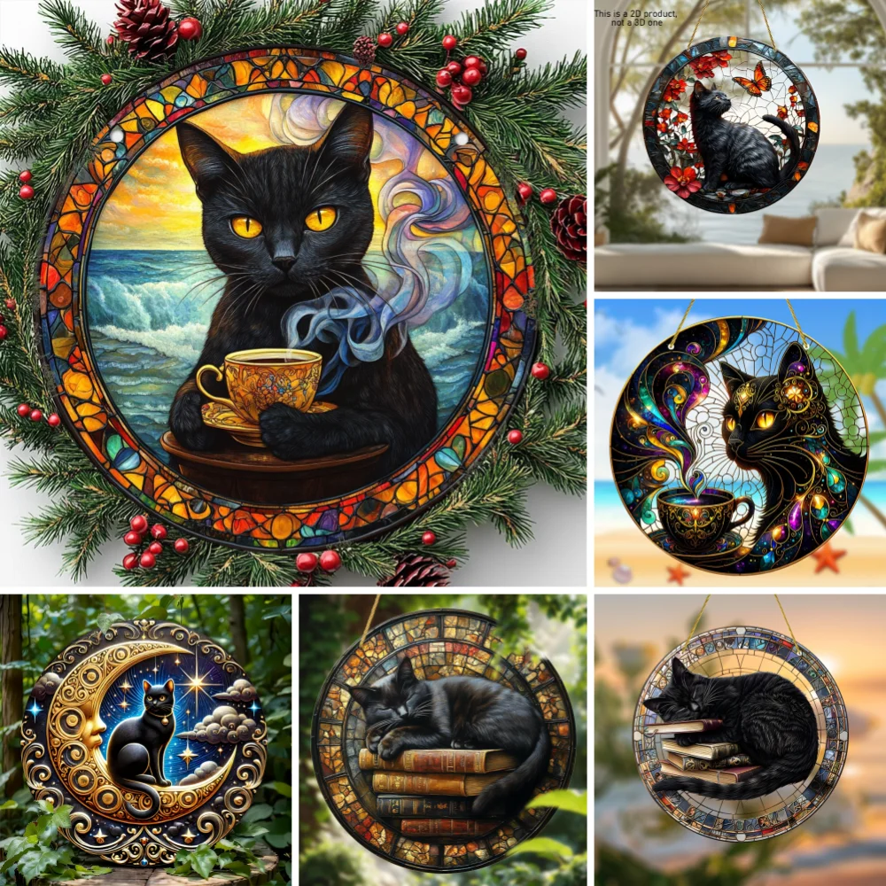 Charming Black Cat Acrylic Suncatcher - Perfect for Home Decor, Animals Lover Gift, Acrylic Round Garland Sign