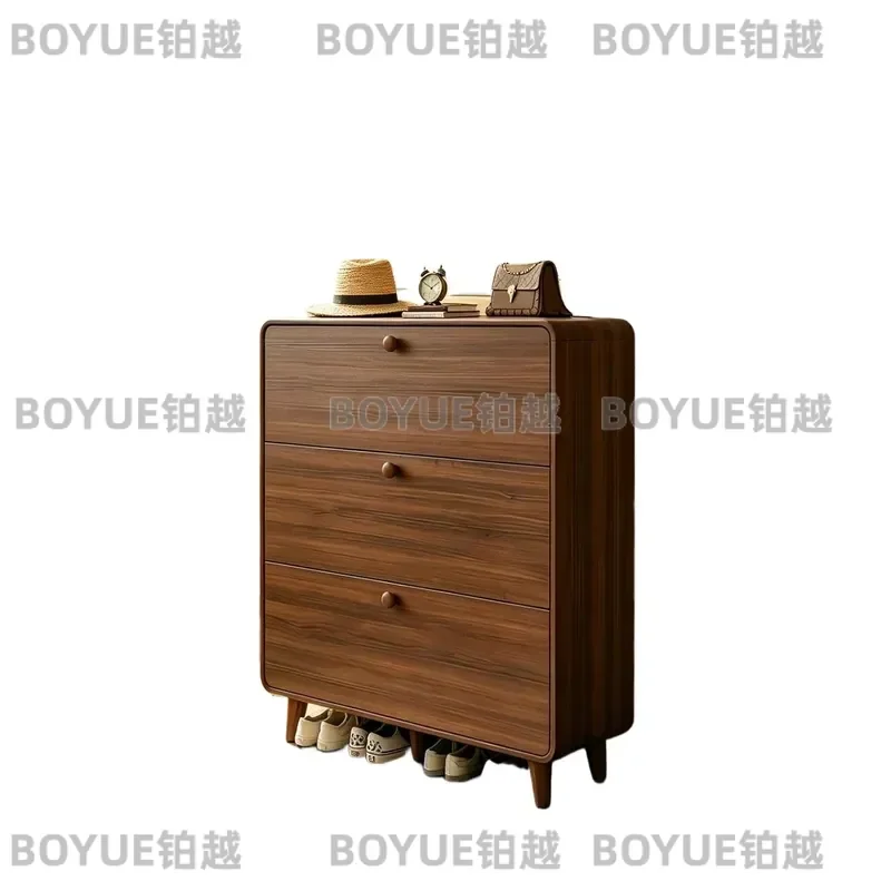 Narrow Wood Shoe Cabinet 3 Flip Drawers Walnut Enclosed Rack Organizer with Doors Hidden Storage Customized Entryway