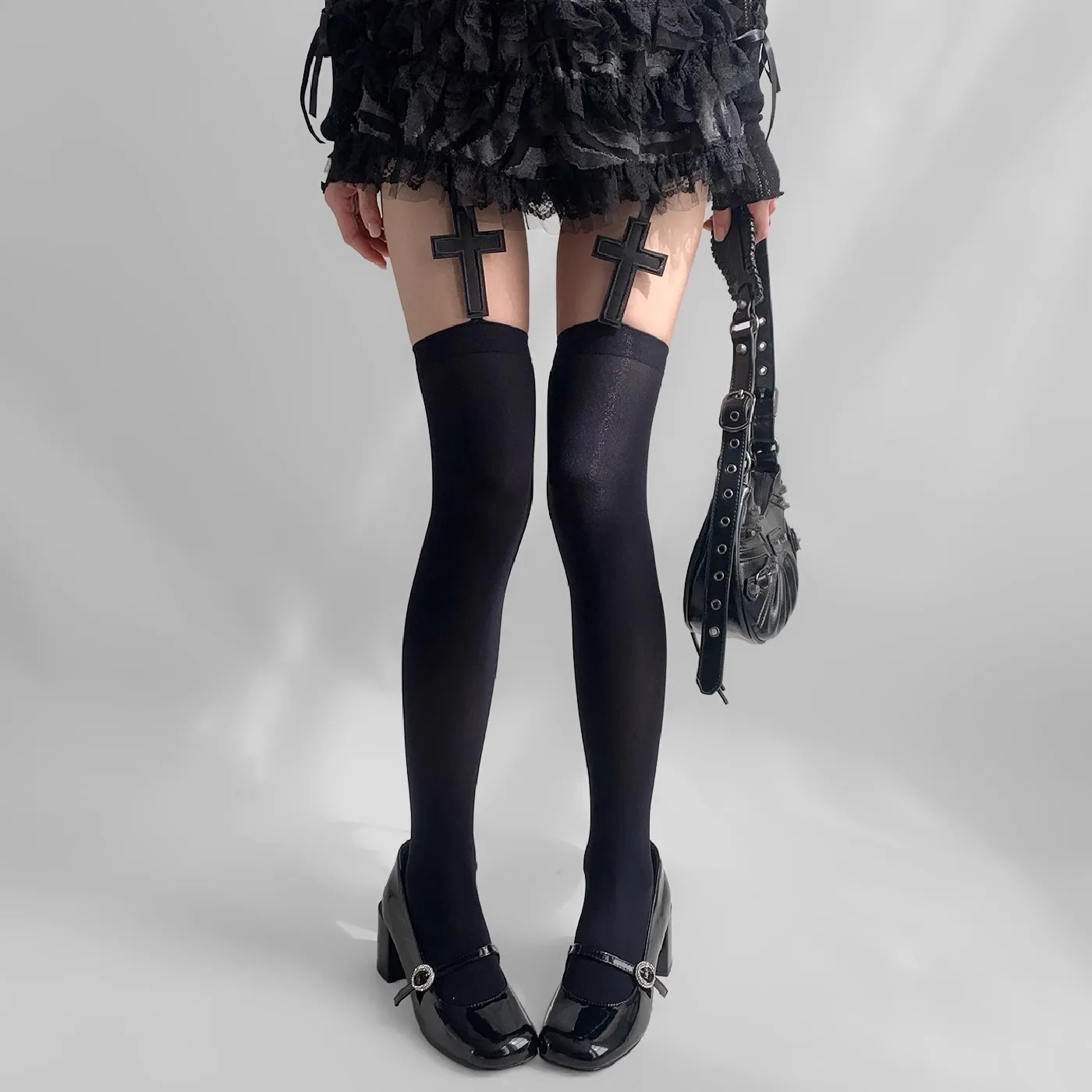 2 Paar Gothic Cross Dark Aesthetic Y2K Oberschenkelhohe Socken Alternative Subkultur Strumpfhosen JK Strumpfhalterstrümpfe 245