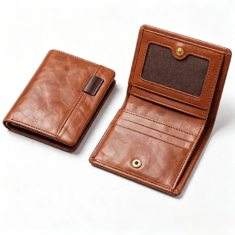 Premium Leather Bifold Wallet with Clear ID Window, Snap Button Large Capacity Multi Card Purse Perfect Gift for Gentlemen