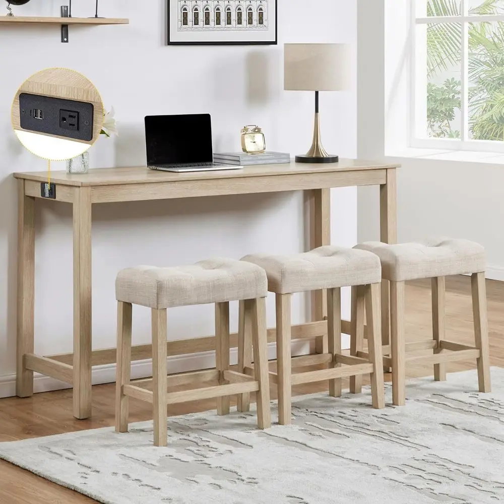 

4 Piece Dining Bar Table Set with Power Outlet, Behind Sofa Couch Table with 3 Linen Fabric Padded Seat Stools, for Living Room,