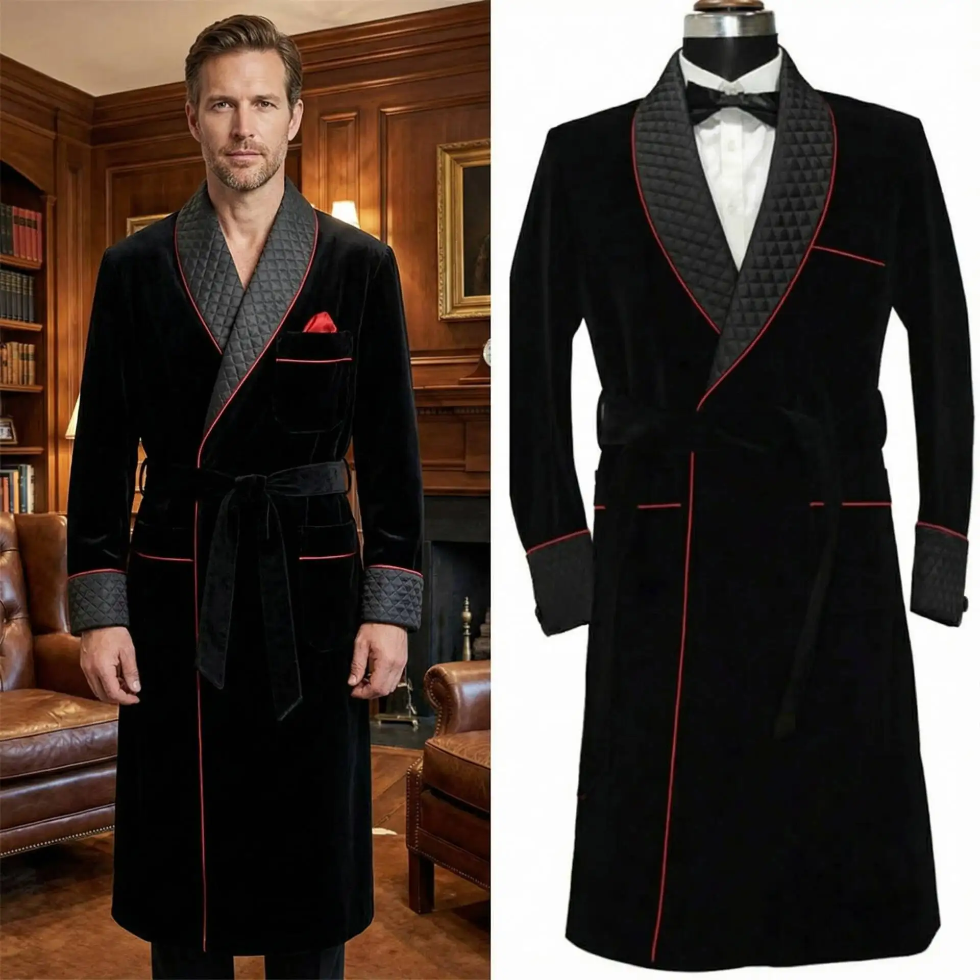 Long Velvet Smoking Jacket Shawl Lapel Wedding Groom Coat Terno Men Suit Blazer with Belt