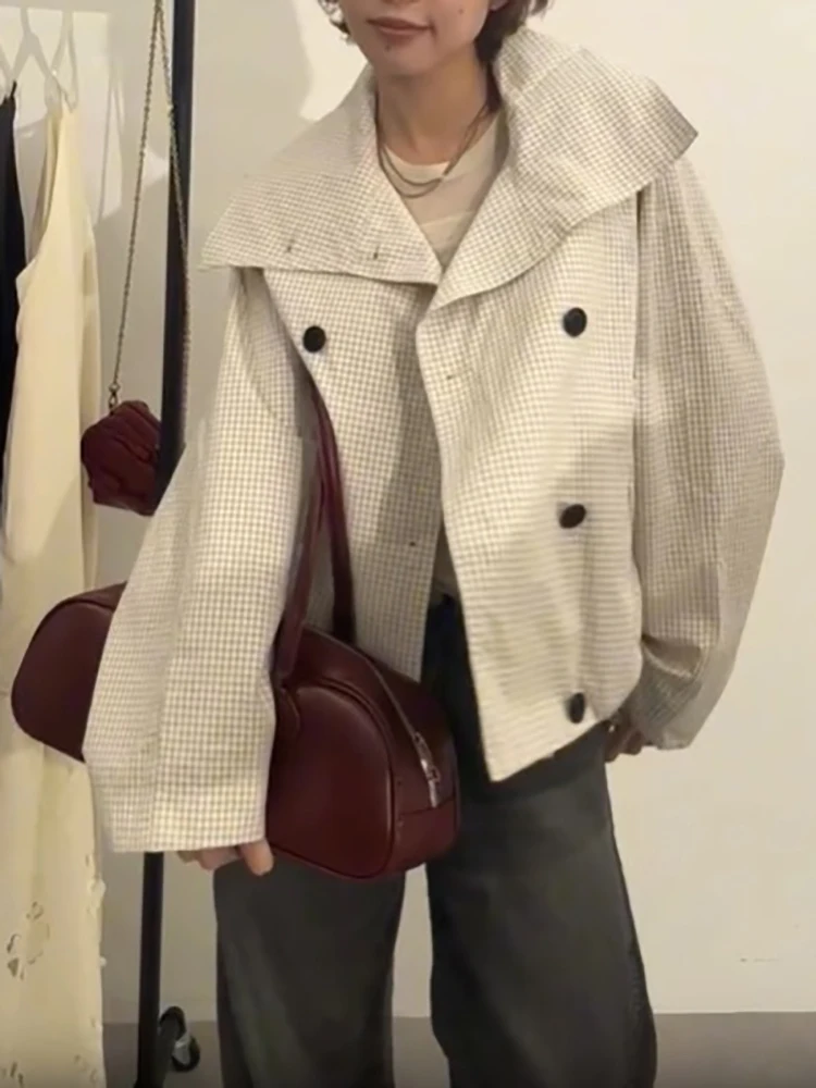 Lässiger Karierter Mantel mit Reverskragen für Damen, Eleganter Doppelreihiger Mantel mit Elastischem Bund, Langen Ärmeln, Locker Geschnittene Jacke, Herbst 2026 Alltags-Oberbekleidung – Detail 4