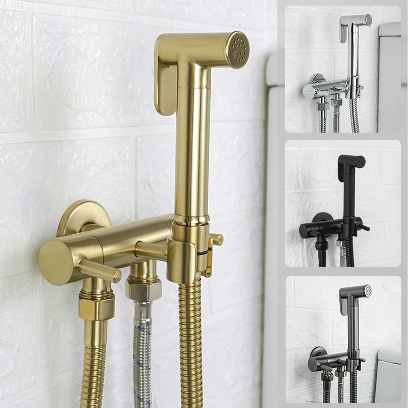 Toilet Bidet Spray Gun Faucet Set Brass Sprayer with Spring PVC 1.5M Hose Double Outlet Angle Valve Bathroom Accessories