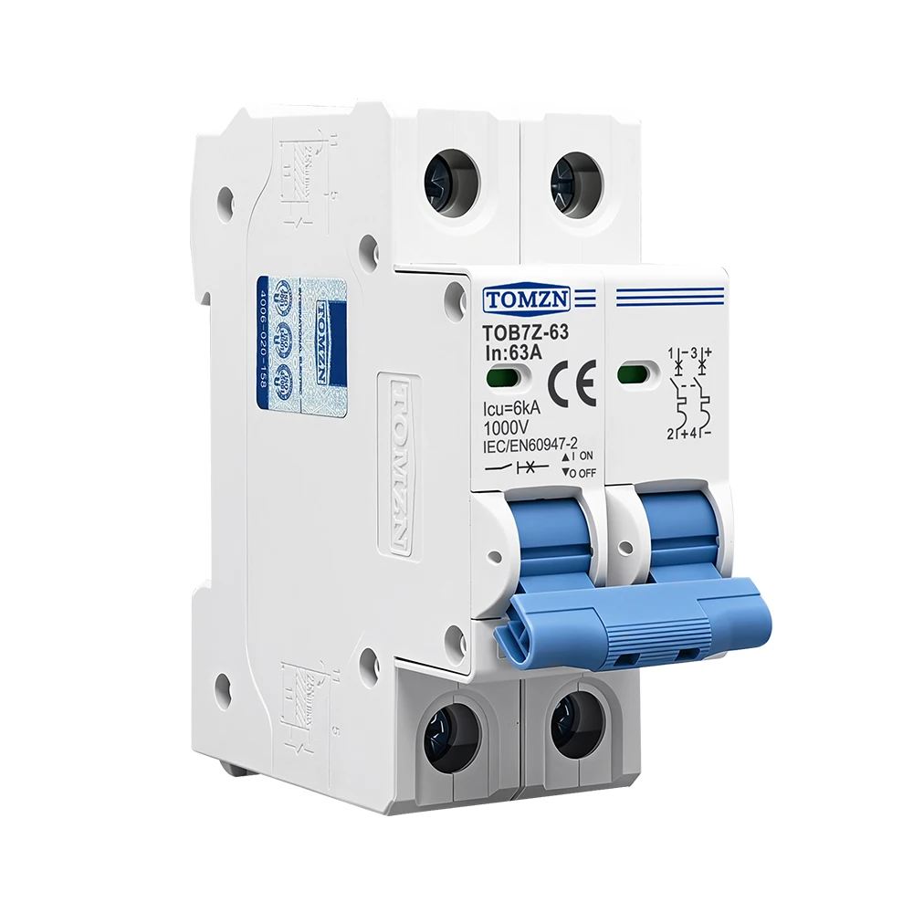 TOMZN TOB7Z 2P DC 1000V Solar Mini Circuit Breaker 3A 6A 10A 16A 20A 25A 32A 40A 50A 63A DC MCB for PV System MCB 35mm Din Rail