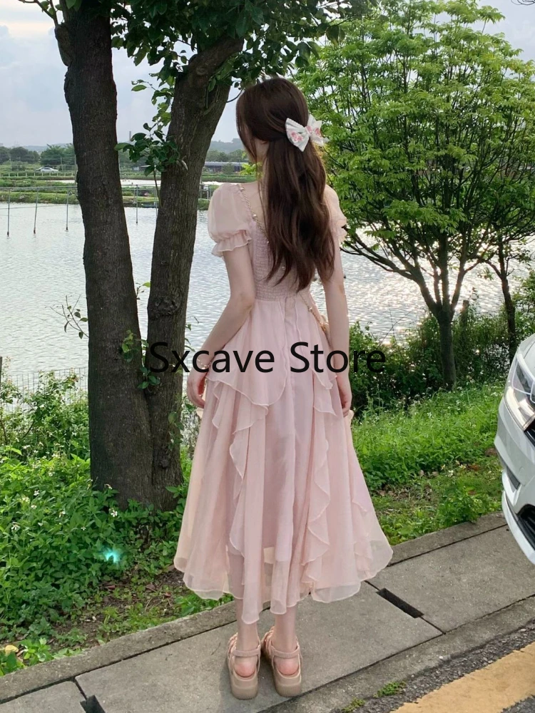 Französisch Fee Chiffon Midi Kleid Frauen Kurzarm Casual Boho Strand Sommerkleid Frauen Rosa Elegante Koreanische Kleid 2022 Sommer Chic