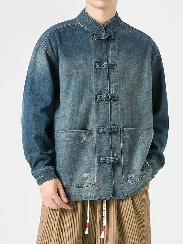 

New Chinese Sle Men's Denim Jaet Autumn Winter Stand Collar Zhongan Suit High End Large Size Tang Costume Outerwear