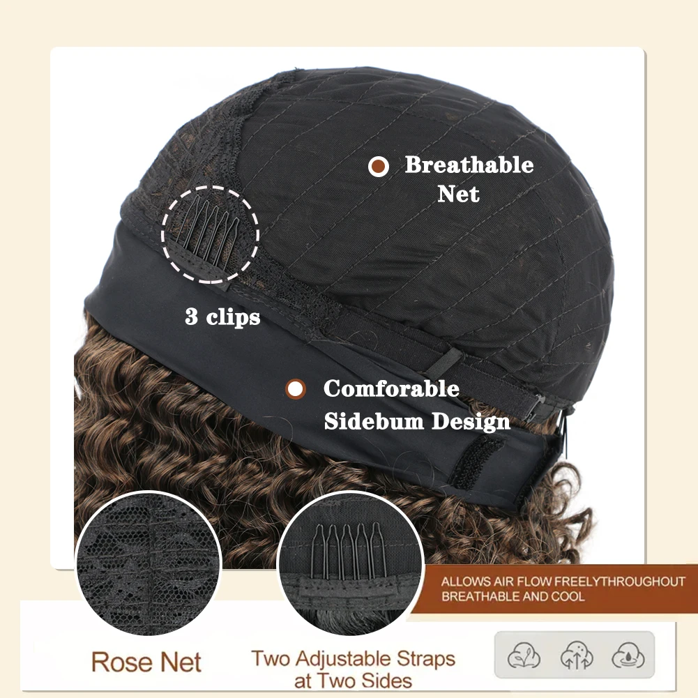 موجة عميقة عقال شعر مستعار مجعد شعر مستعار لا شيء الدانتيل للنساء السود قصيرة شعر مستعار اصطناعي أسود اللون الطبيعي لتغطية رأس لفة يومية