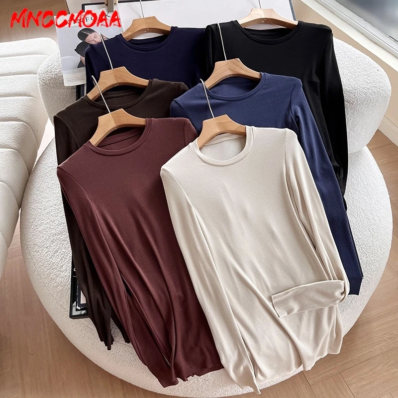 T Shirt Women 2024 Autumn Fashion Loose Round Collar Tops Female Solid Color Casual Long Sleeves Tee