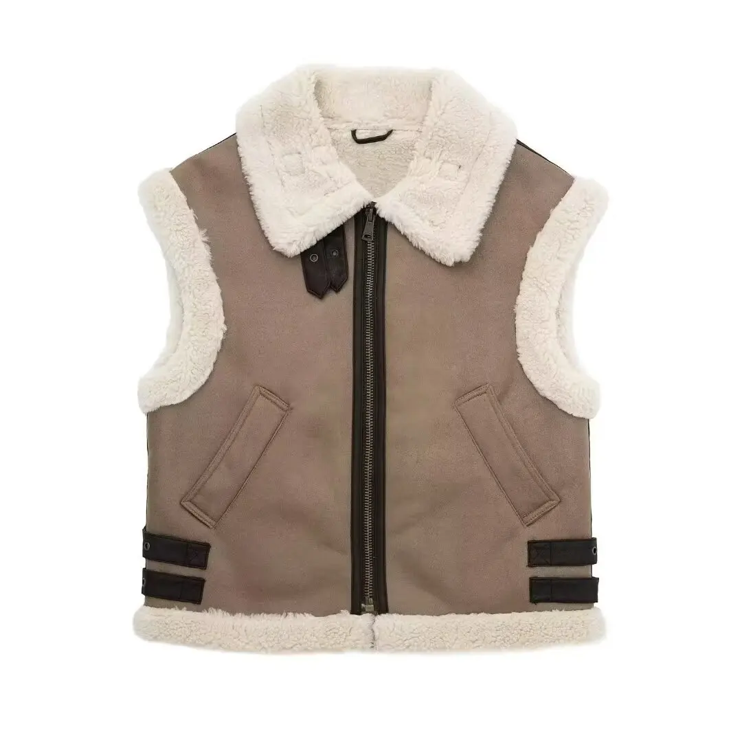 PB&ZA Women 2024 Autumn New Fashion Fleece Patchwork Vest Coat Vintage Pocket Zipper Casual Female Waistcoat Chic Tops