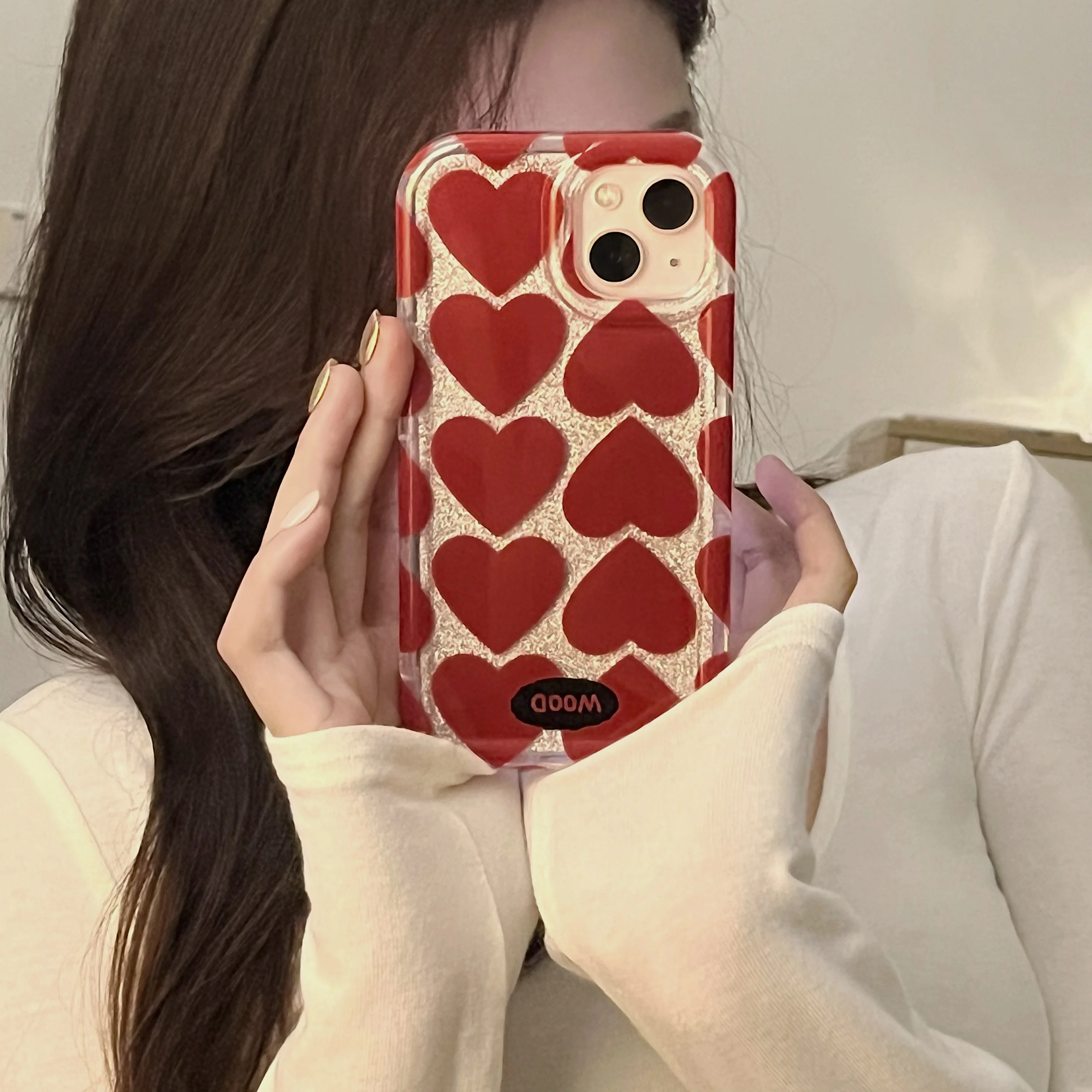 Korean Ins Red Hearts Glittering IMD Case for iPhone 15 14 13 Pro Max Plus Back Phone Cover for 12 11 Pro Max X XS Max Capa