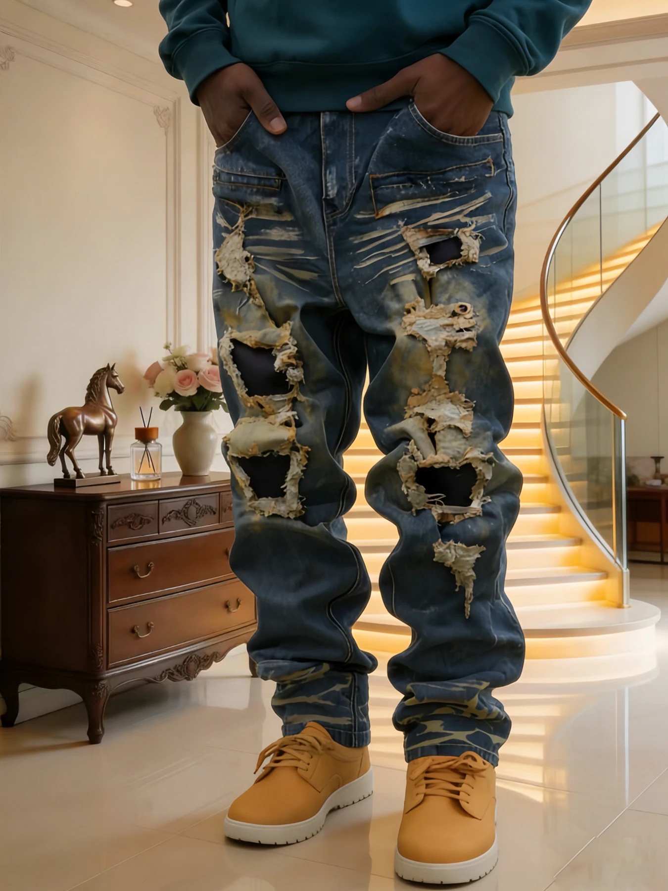 Plus-size Dark Street Style Ripped Jeans, Gradient Wash, Men's Extra Loose Trendy Pants
