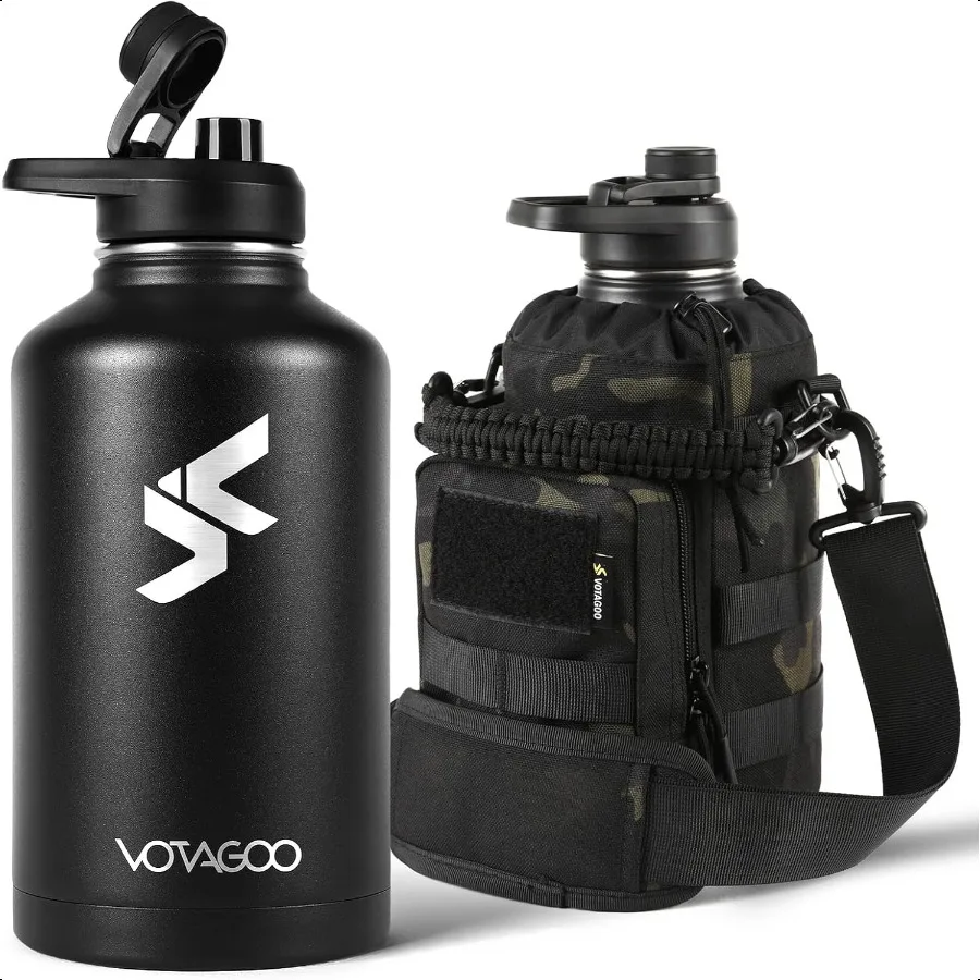 

64Oz Tactical Water Bottle Half Gallon Stainl Steel Insulated Water Bottle Metal Military Bottle with Red Removable Sleeve Tact
