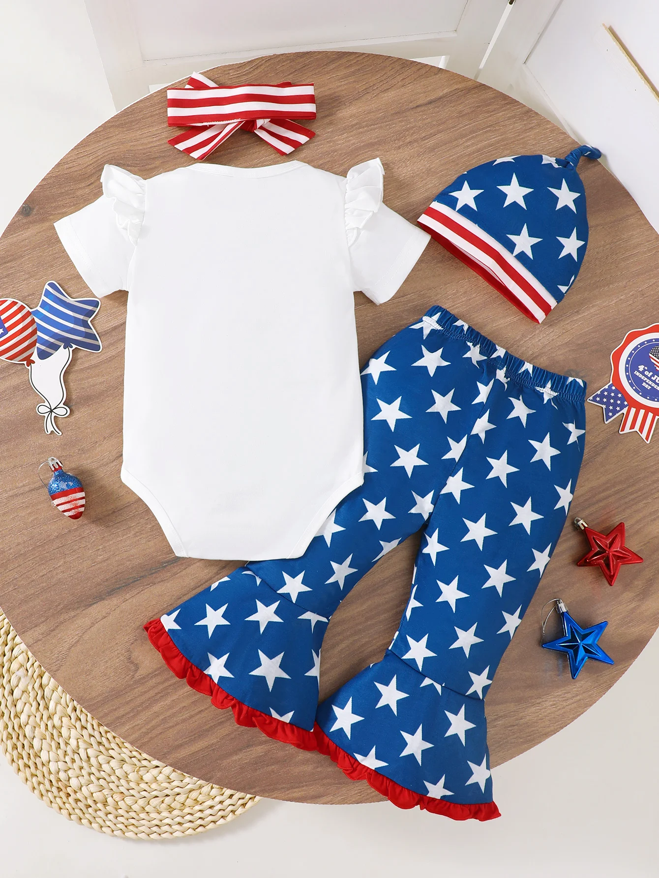 0-18M Baby Girl Outfit 4Pcs Ruffle Sleeve Bodysuit+Star Bell Bottom Pants+Hat Headband Fashion Summer Newborn Casual Clothes Set