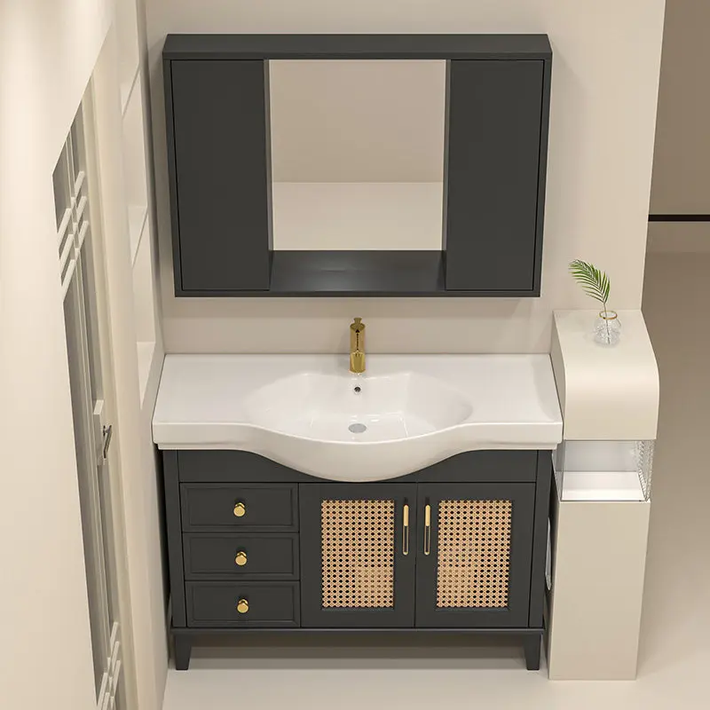 

Напольный шкаф для ванной из ротанга с интегрированной керамической раковиной и зеркалом в стиле фэн-шуй