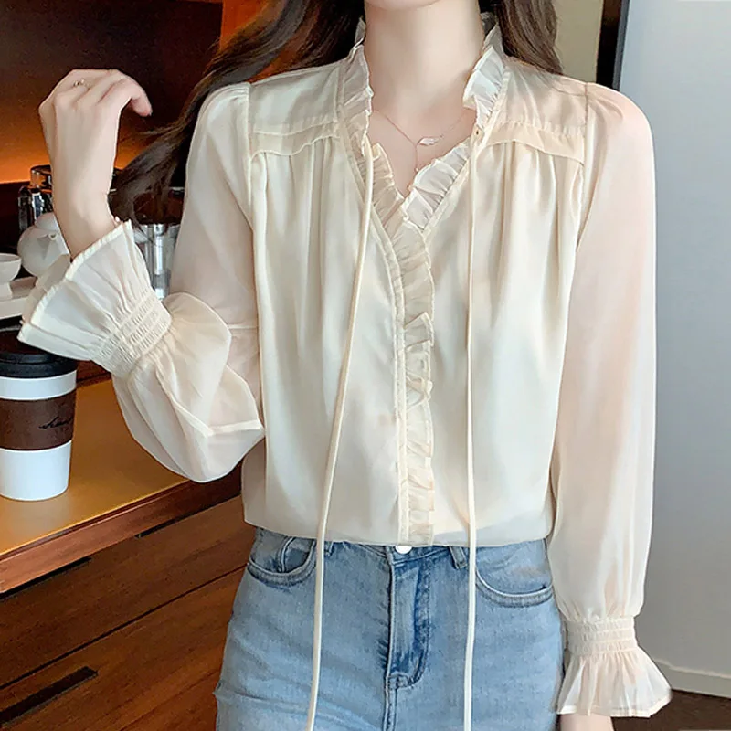 

2025 Fashion Office Lady Long Sleeve V-Neck Women Blouse Apricot Chiffon Elegant Blouse Shirt Women Tops Blusas De Mujer N661