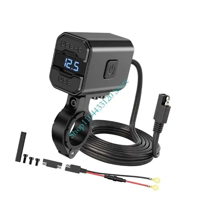 Motorcycle Device Charging Unit with Blue Battery Display View