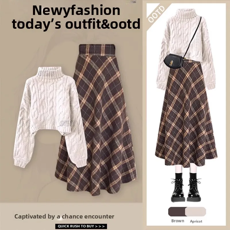 

Autumn Winter Women's Fashion Sweater High Waist Plaid Skirt Two Piece Set Long Sleeve round Neck Half High Collar