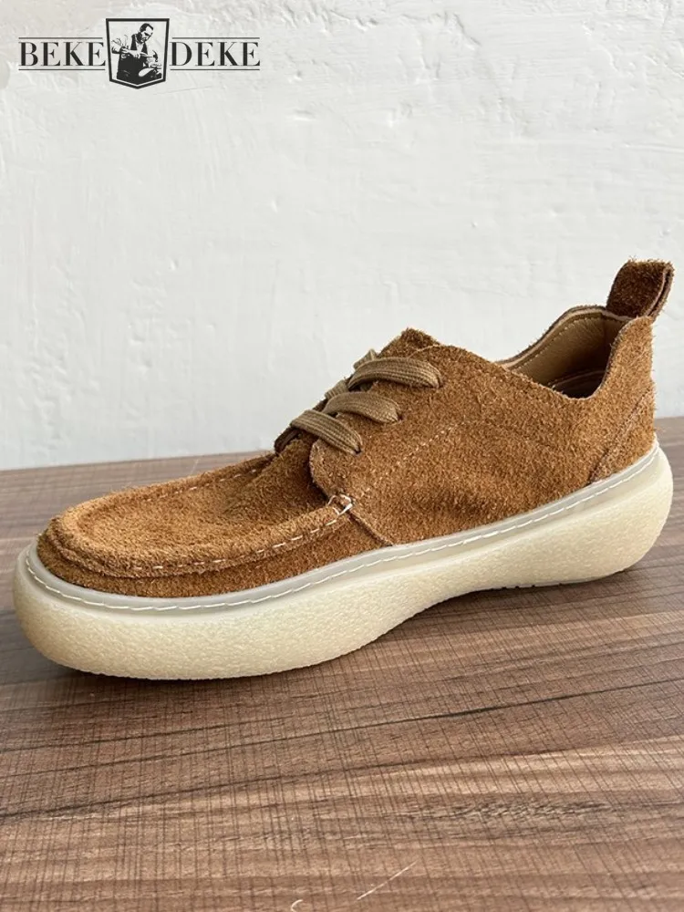 Male Genuine Leather Platform Solid Color Japanese Style Casual Shoes Cow Suede Round Toe Height Increase Retro Lace-Up Sneakers