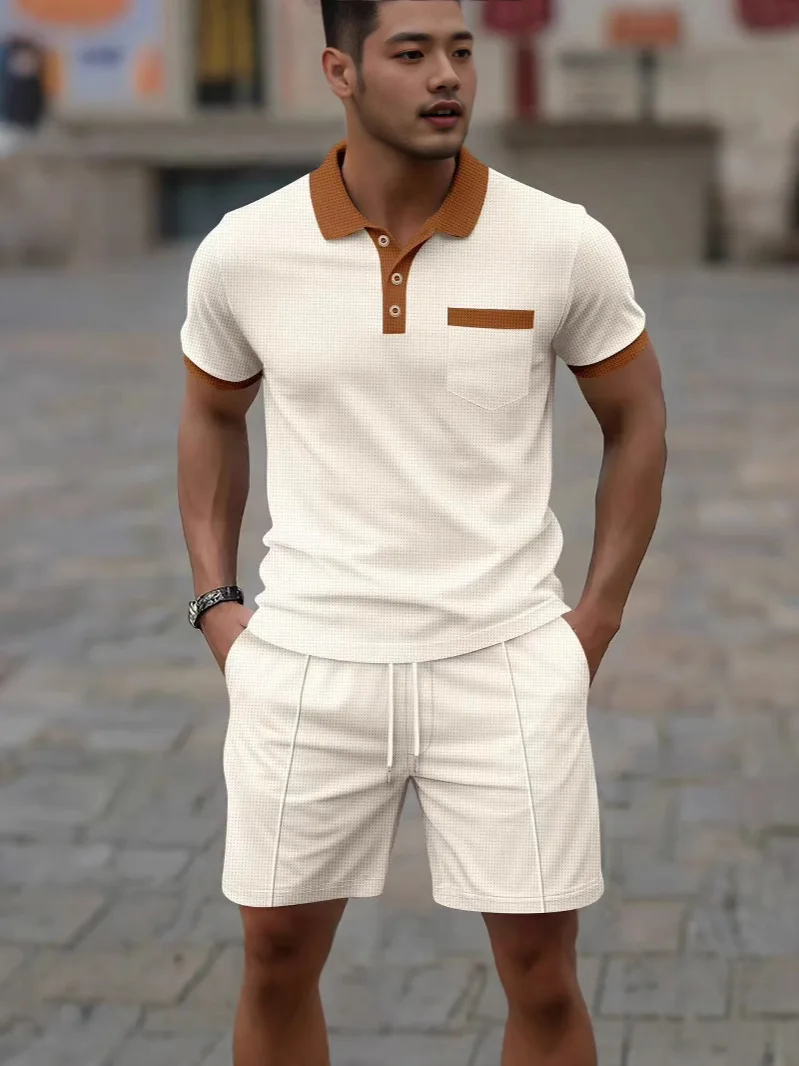 

Summer 2025 Men's Waffle Two-Piece Casual Suit Color Match Short-Sleeved Shorts Set New Arrival