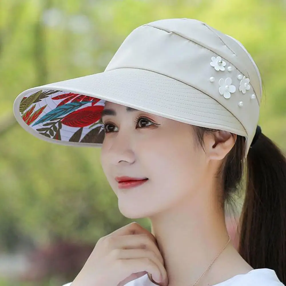 

Empty Top Hat Outdoor Foldable Breathable Cap Anti-UV Beach Visor Cap Solid Color Fashion Simple Wide Brim Pearl Flower Sun Hat