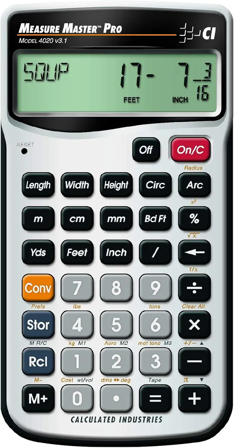 

Professional Construction Math Calculator for Feet-Inch-Fraction and Metric Conversions, Ideal for Builders and Engineers