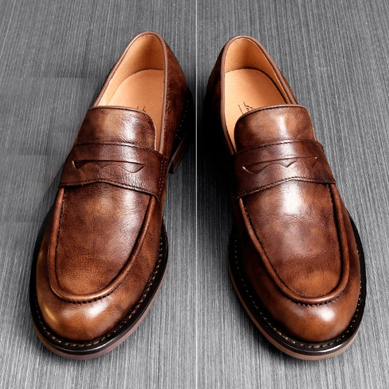 LIHUAMAO Grade A Men's Casual Dress Penny Loafers Slip On Shoes British Style Round Toe Business Footwear Outdoor