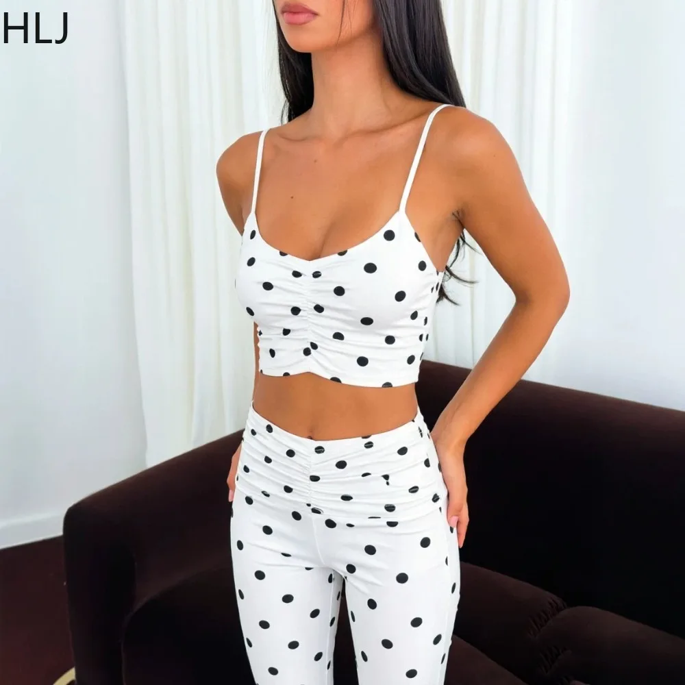 HLJ Women 2 Piece Outfit Polka Dot Spaghetti Strap Crop + Top High Waist Skinny Pants Set Casual Summer Workout Tracksuit New
