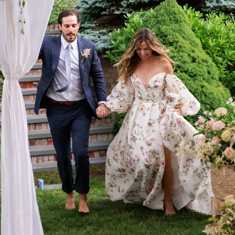 Vestido de novia de manga larga con estampado Floral, cola capilla dividida alta, mariposa fruncida, elegante vestido de Boda de Princesa personalizado