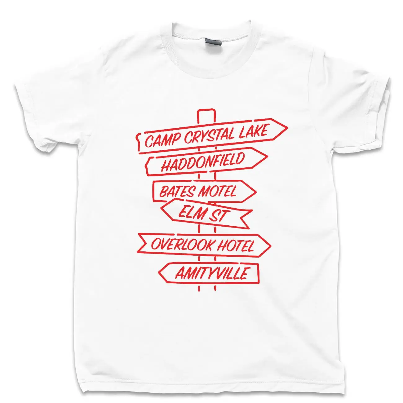 White Horror Movie Signpost Camp Crystal Lake Elm St Graphic T-Shirt Cotton Men Women Streetwear Tee