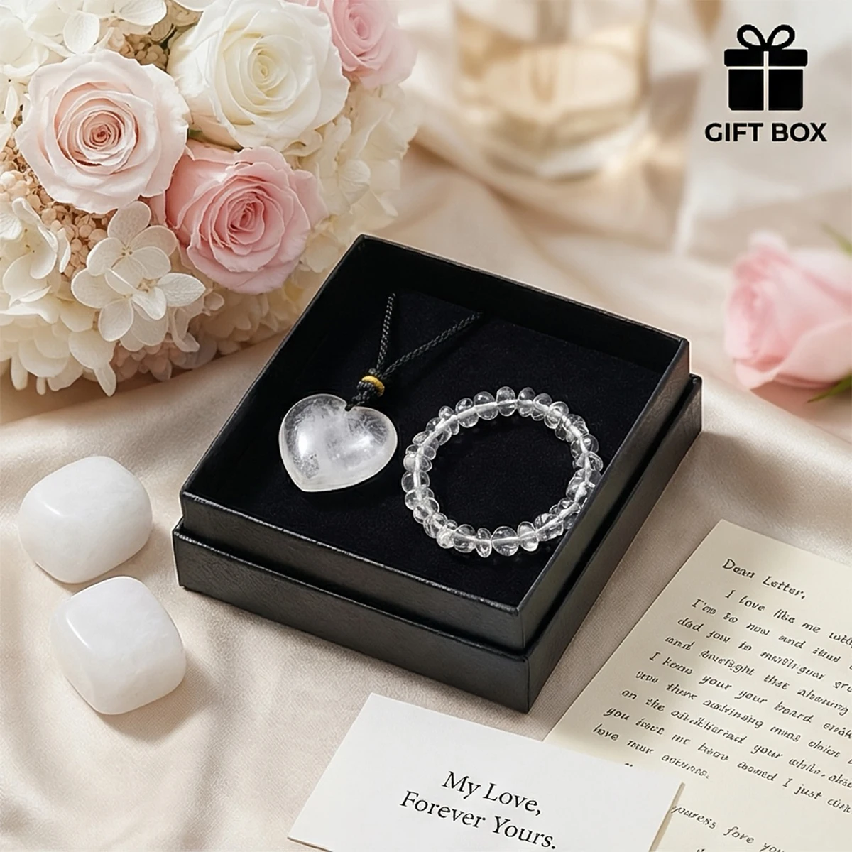 1set Clear Quartz Heart Necklace Chip Bracelet Jewelry Set Gift Box Natural Healing Crystal Valentine Gift For Women