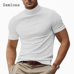 Solid Mock Neck T-shirt Men Short Sleeve Fashion Skinny Tops Sexy Mens clothing 2024 New Summer Casual Pullovers White Soft Tees