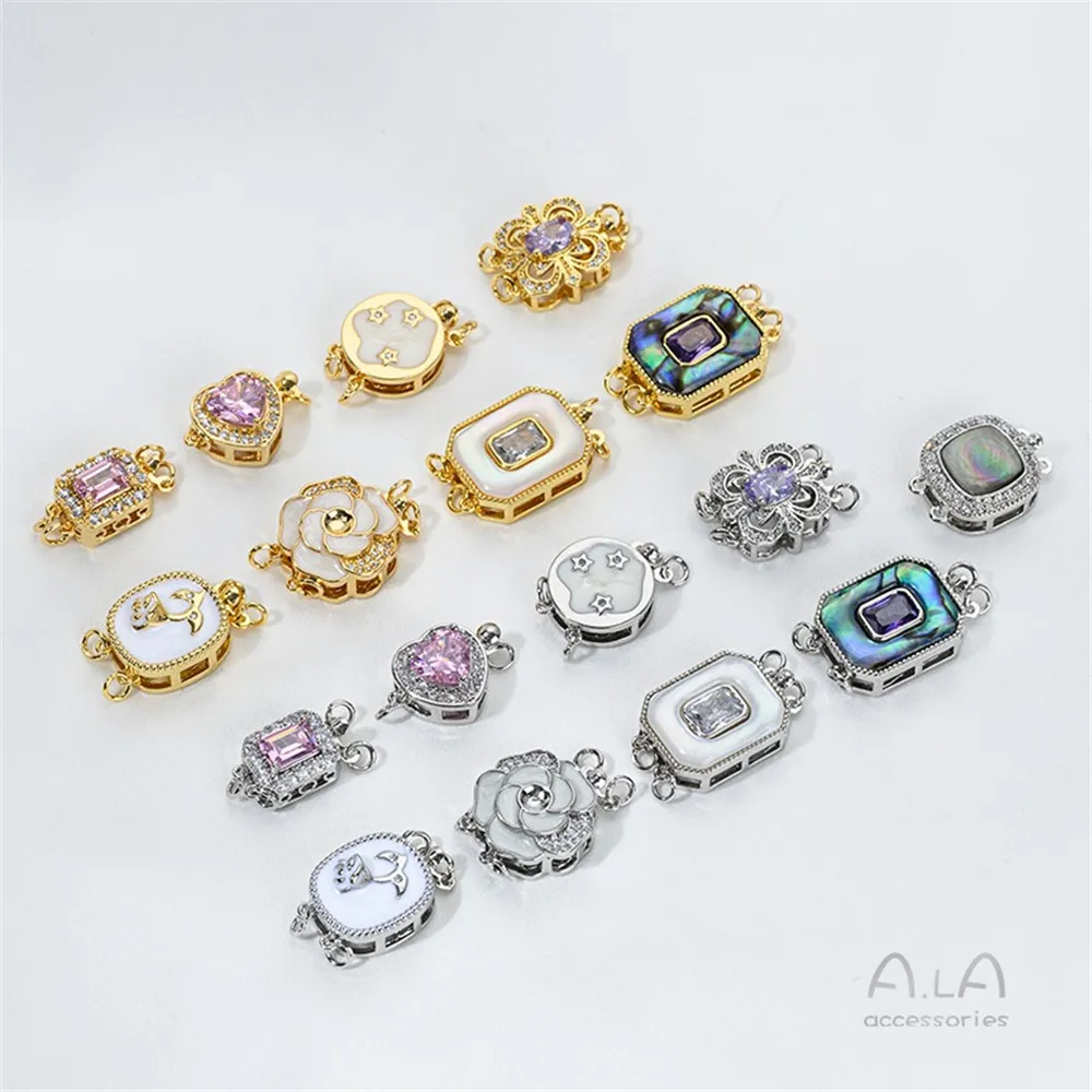 

18K Copper Plated Real Gold Inlaid Shell Zircon Oil Drop Rose Rectangular Double Row Pearl Buckle DIY Connecting Buckle