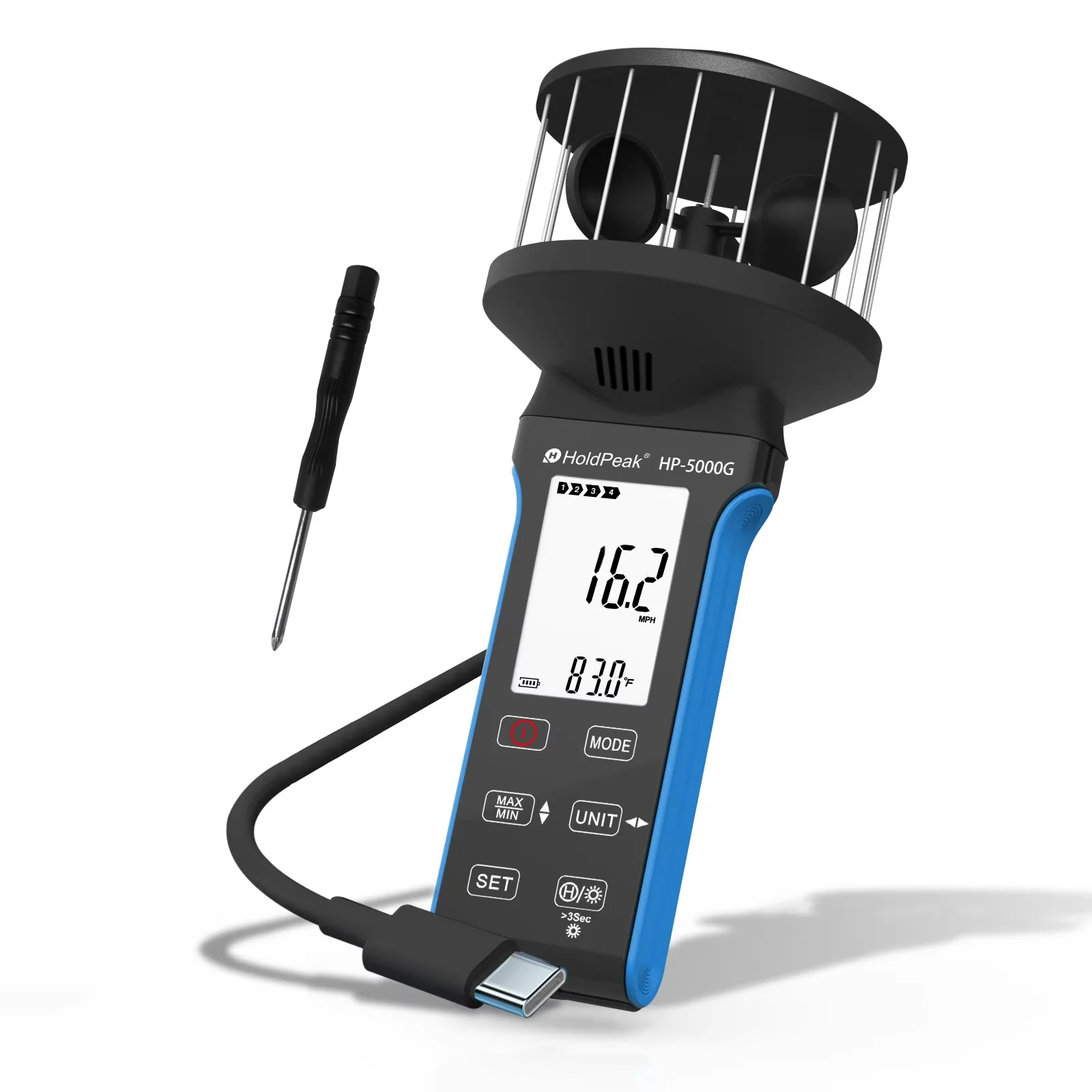 HoldPeak HP-5000G Multi-Function Anemometer, Measures Wind Speed, Air Volume, and Temperature with Backlit Display (Blue)