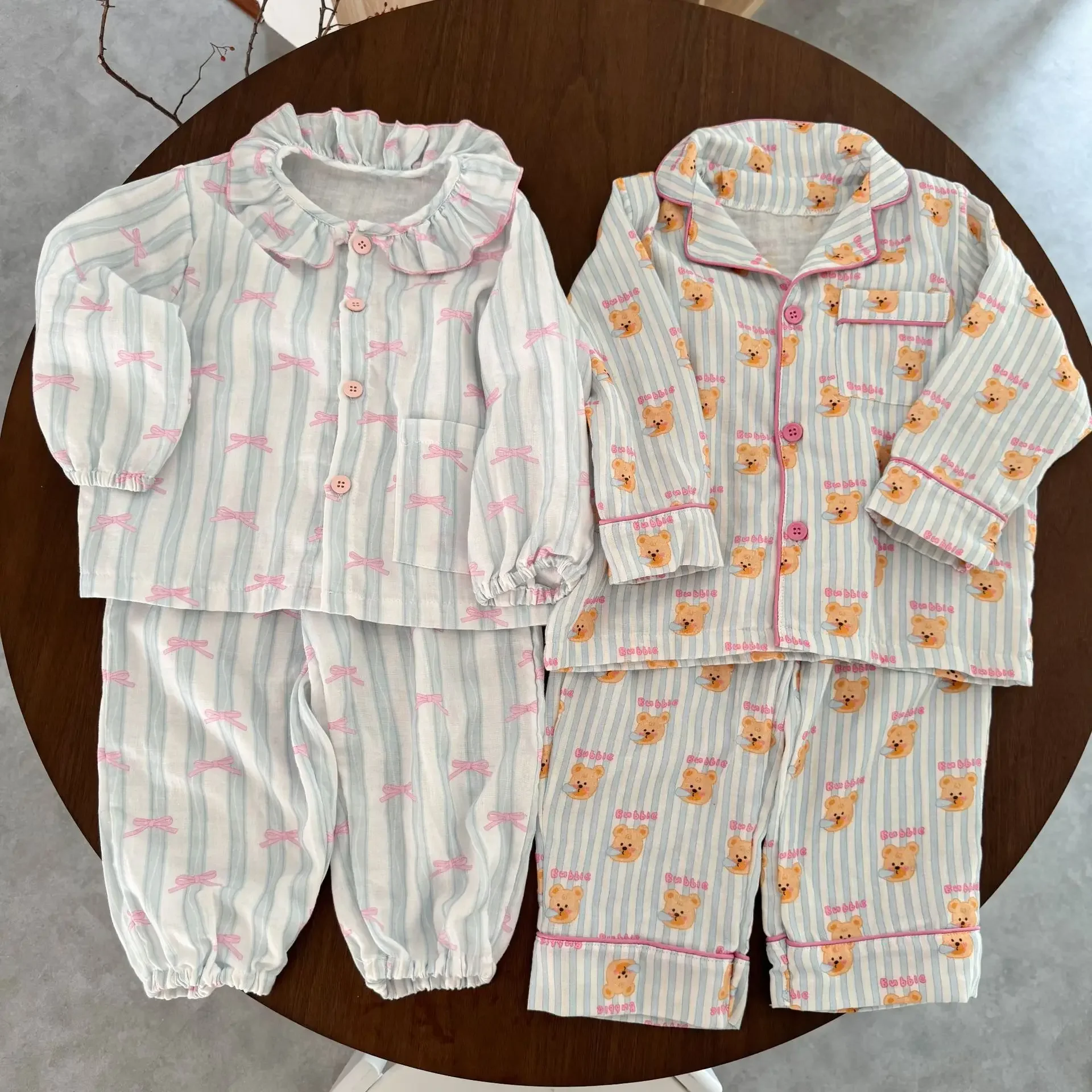 Autumn New Kids Cotton Pajama Set 2-10Y Girls Bowknot Boys Bear Print Cute Comfortable and Soft Long Sleeve Loungewear