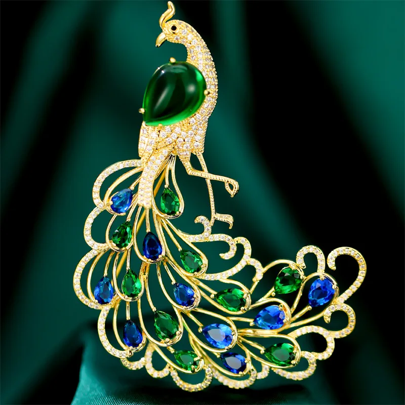 

Luxury Zircon Emeralds Green Peacock Phoenix Lapel Pins Brooches for Women Men Bird Badges Dubai Aristocratic Corsage Accessory