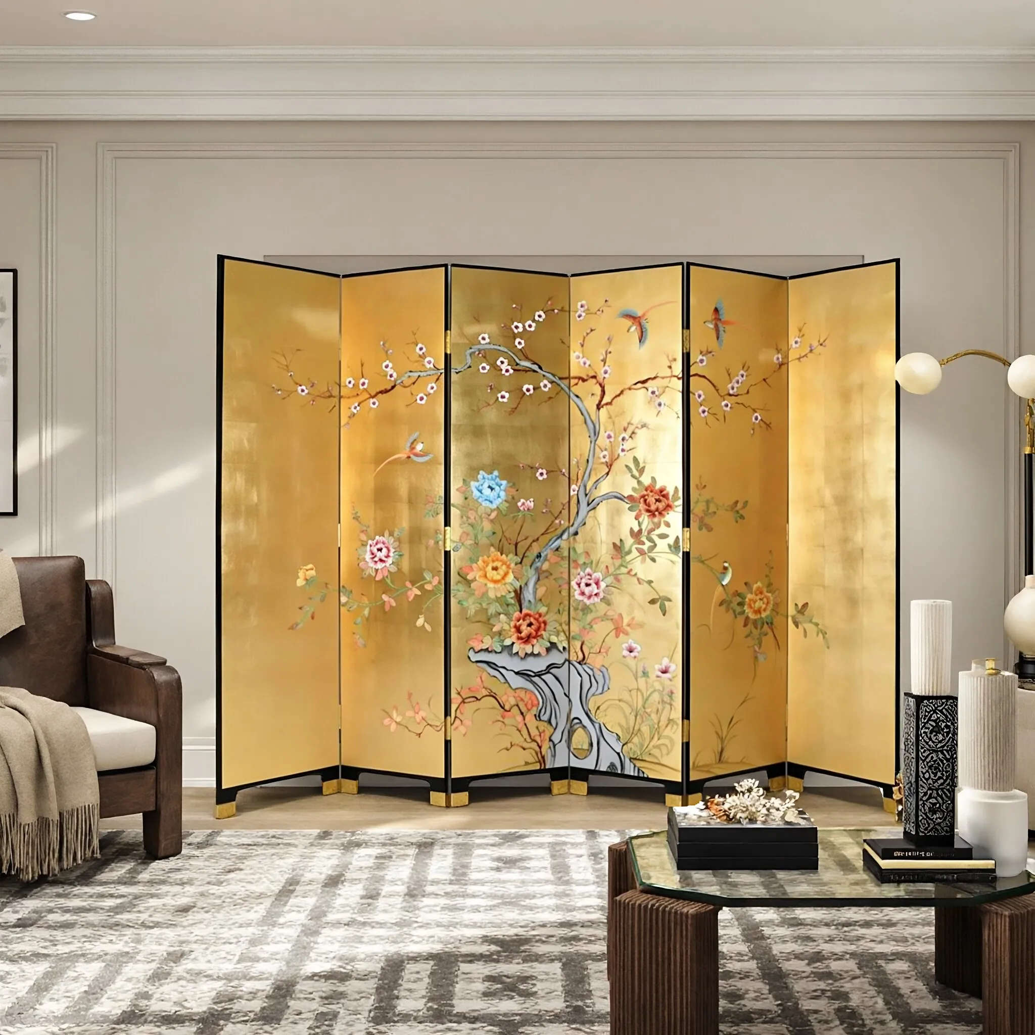 ^Modern Solid Wood Decorative Partitions Hand-gilded and Hand-painted Folding Screens for Living Room