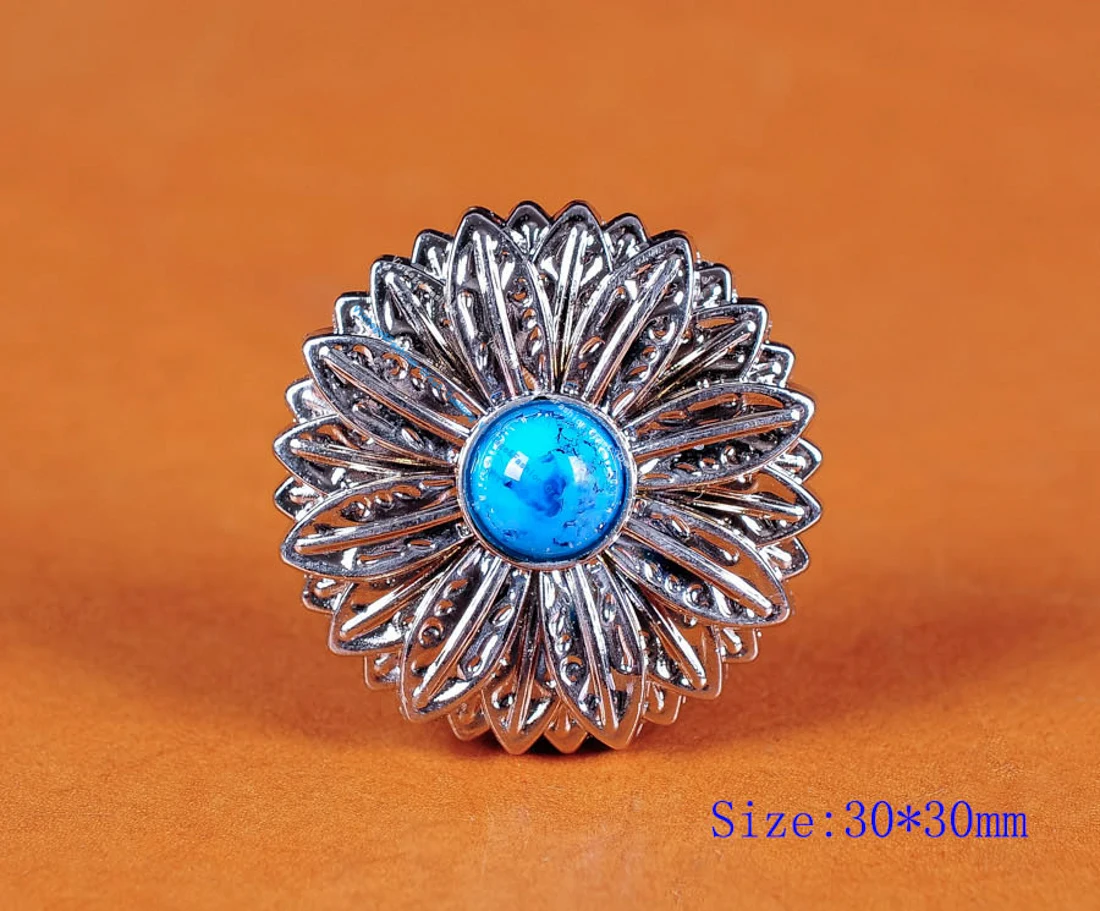 10Pc Wholesale 30Mm Bling Metal Silver Blue Turquoise Rose Flower Leathercraft Hardware Belt Bag Conchos Diy Screw Back 7 Colors