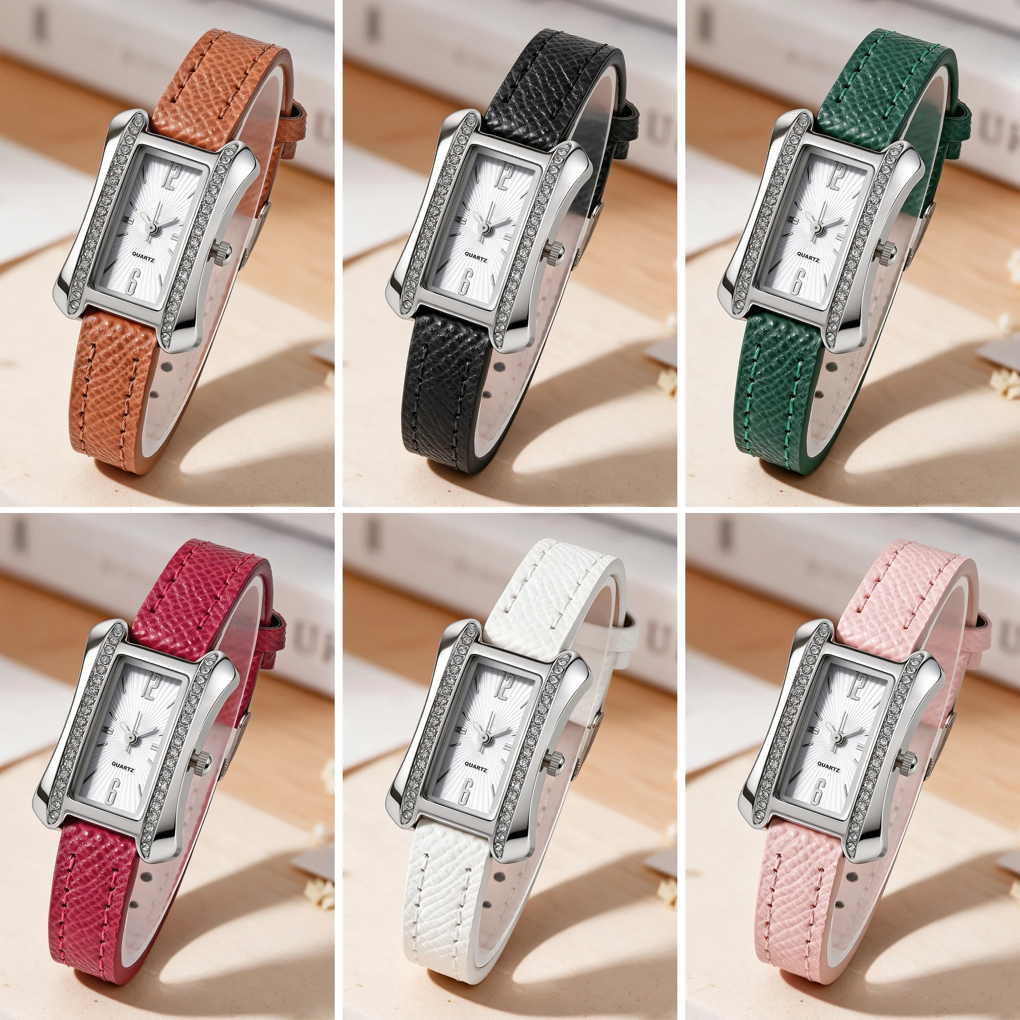 Vintage Rectangle Women Quartz Wristwatch Silver Alloy Special Shape Case Double Sides Rhinestone PU Leather Watch