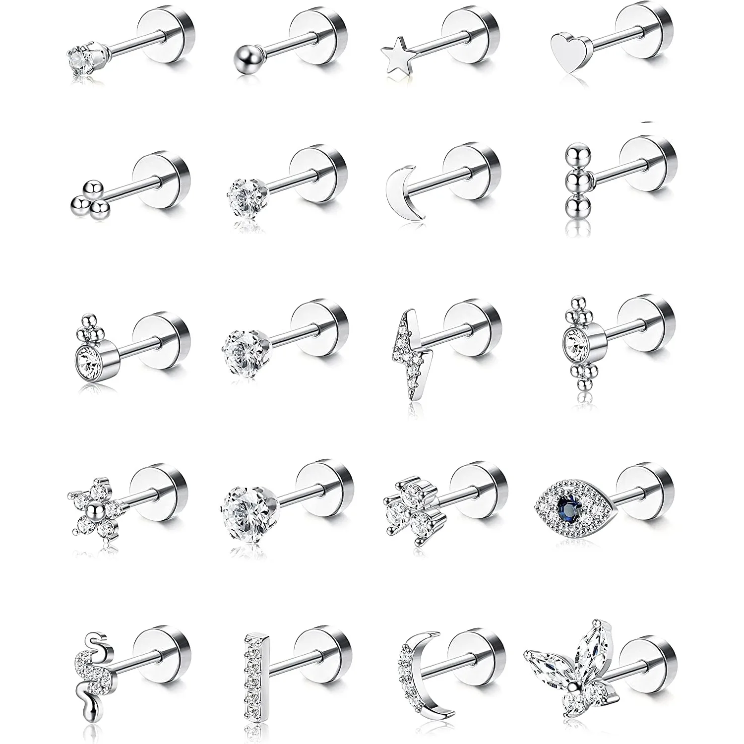 Bobisty 20Pcs Stainless Steel Stud Earrings for Women Men 20G Tiny Cartilage Snake Star Moon Ball Butterfly Heart Eye Flower
