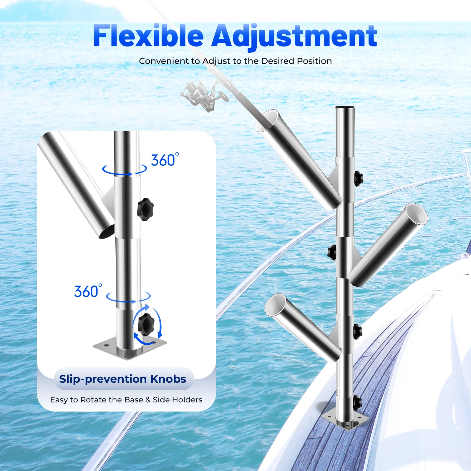 

76cm Stainless Steel Triple Clamping Rod Large Capacity 360° Rotation Suitable for Fishing Boats and Yachts with Pull Rods