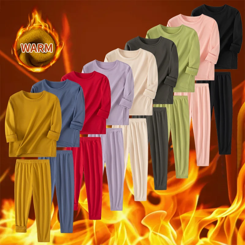 Children's Warm Set Autumn/Winter Solid Color Round Neck Long Sleeve Top Casual Pants Comfortable Pajamas Autumn Pants