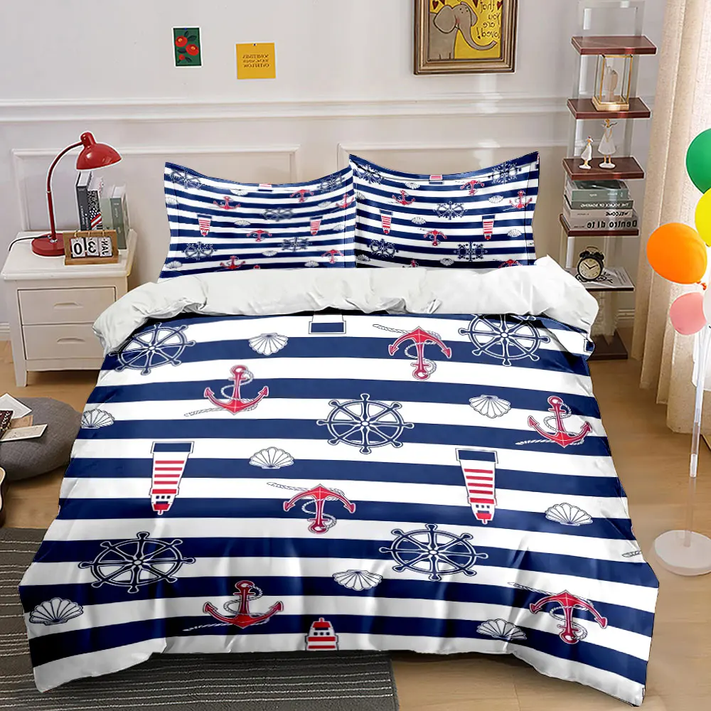 3Pcs Navy Striped Anchor Lighthouse Duvet Cover Set, Nautical Wheel Seashell Bedding Single Double King Queen, Gift
