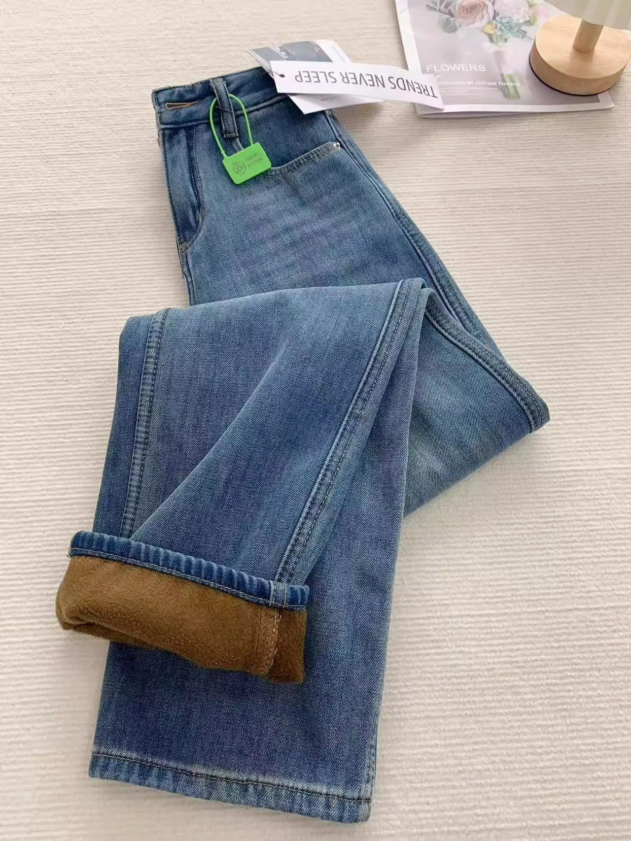 

Джинсы прямого кроя в американском стиле на флисовой подкладке, женские джинсы с высокой талией, свободные широкие брюки, винтажный стиль, осенние теплые брюки